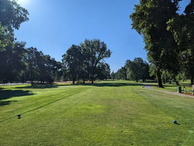 Tree-lined fairway at Ancil Hoffman Golf Course