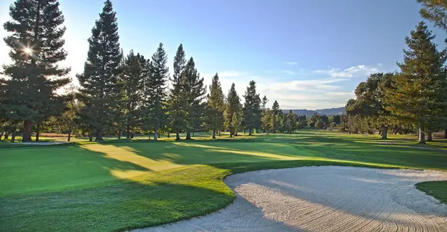 Bunker and pine-lined fairway at Bennett Valley