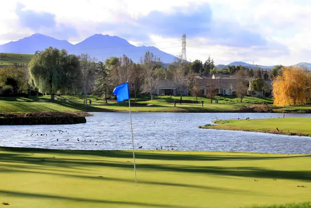 Green beside the lake with Mount Diablo in the distance