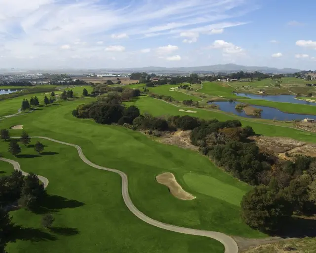 Aerial view of fairways and ponds at Eagle Vines