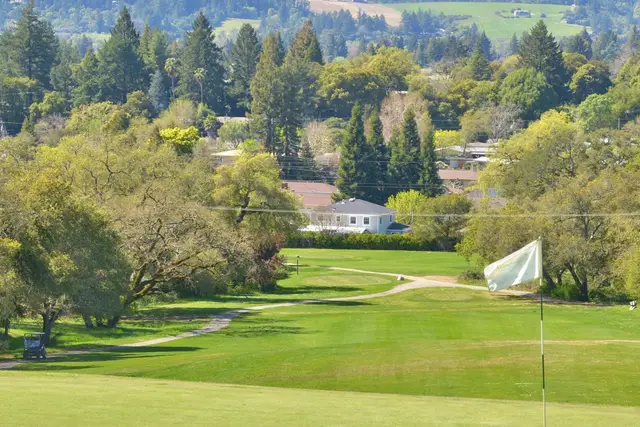 Green below the wooded hills of Healdsburg