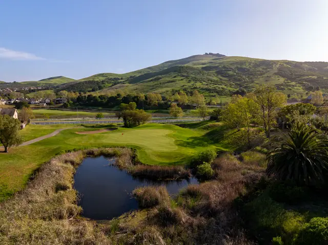 Pond and green with the hills beyond