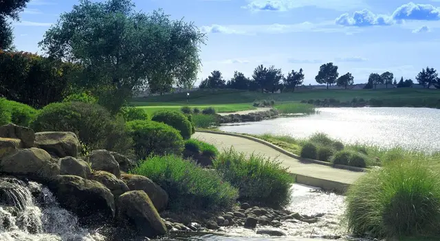 Rock-lined creek beside a cart path