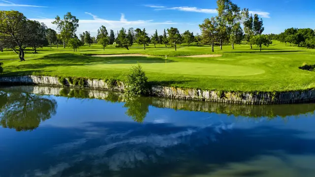 Lake in front of a green at Micke Grove