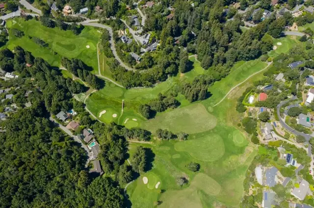 Aerial view of Mill Valley Golf Course among the redwoods