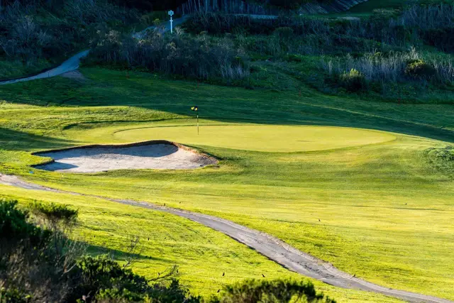 Bunkered green in afternoon light