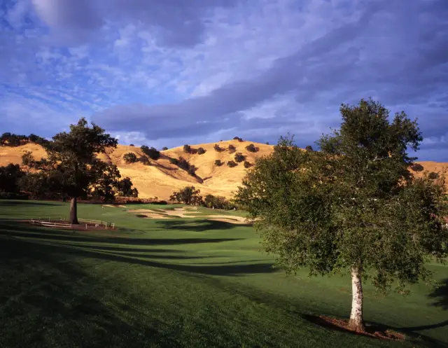 Oak trees and golden hills beside a fairway at Paradise Valley
