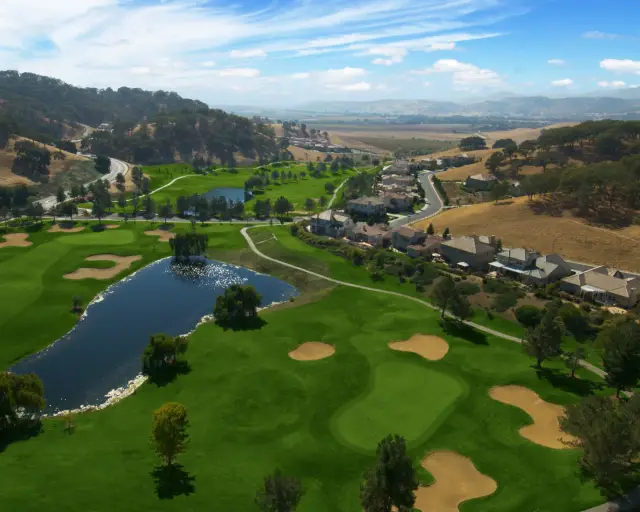 Aerial view of the lake and greens