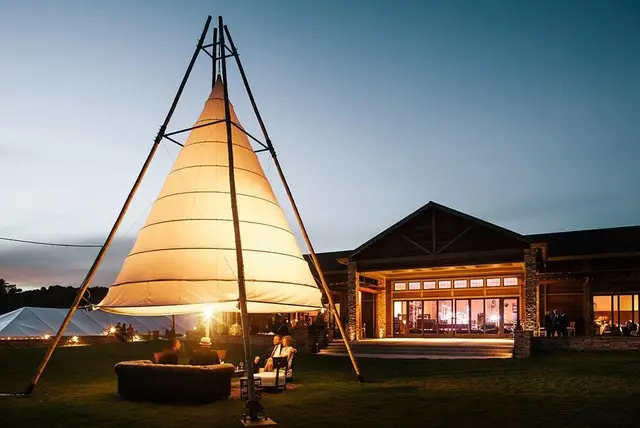 Lantern sculpture outside the clubhouse at night