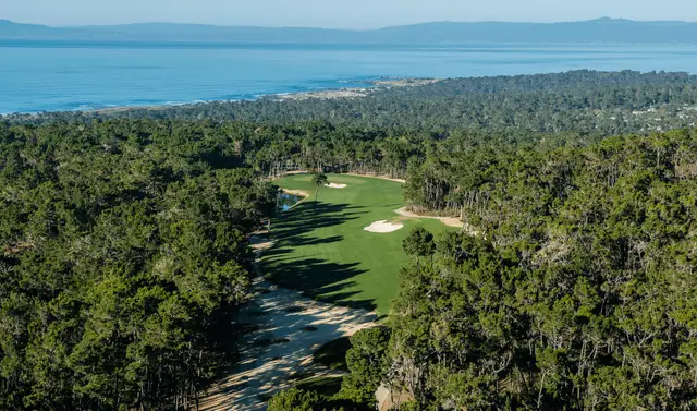 Aerial view of Poppy Hills through the Del Monte Forest to the Pacific