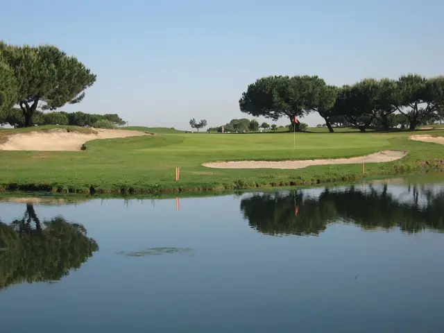 Pond reflecting the trees and bunkers at Shoreline