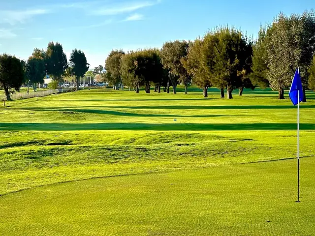 Flag on a green in late afternoon light
