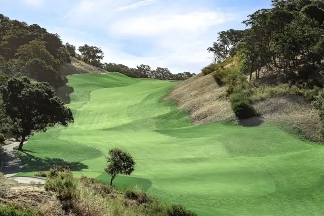 Fairway climbing between oak-dotted slopes