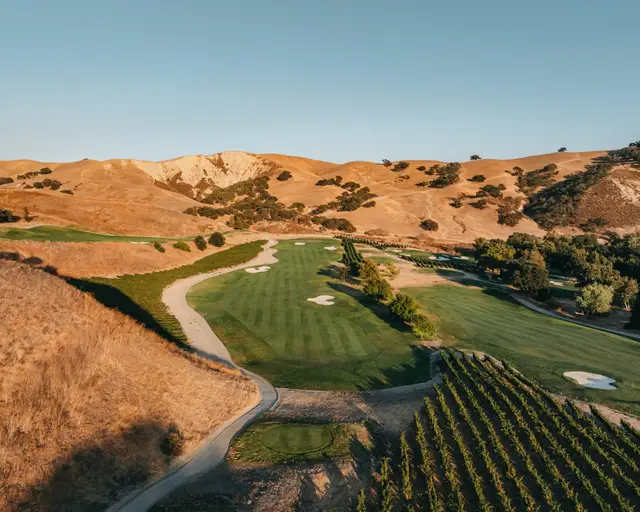 Aerial view of a fairway beside the vineyard rows