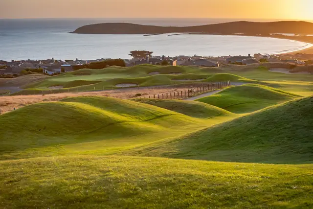 Rolling links at sunset above Bodega Bay