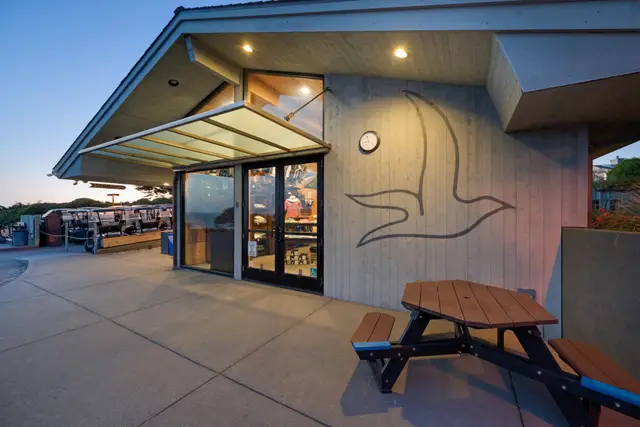 Bodega Harbour clubhouse at dusk
