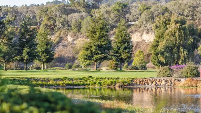 Pond and green below the hillside at Quail Lodge