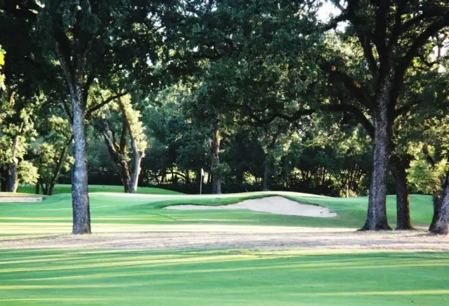 Bunkered green beneath valley oaks